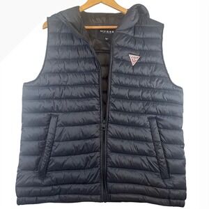 GUESS Puffer Vest Hooded Black Logo Padded Sleeveless Jacket Men's Size‎ L